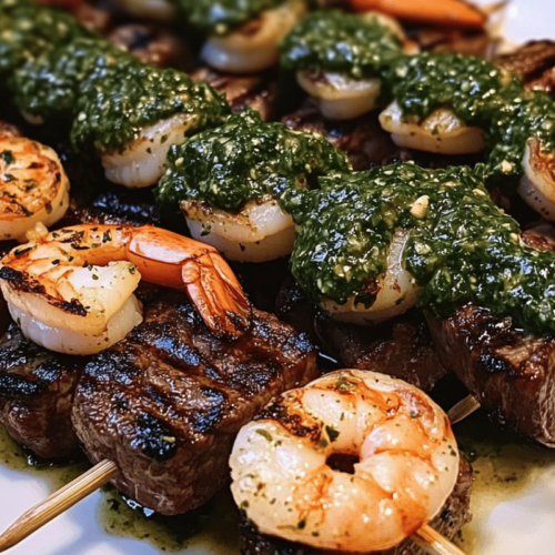 "Grilled surf and turf skewers with juicy steak and shrimp, topped with fresh chimichurri sauce. Perfect for BBQs or special dinners."