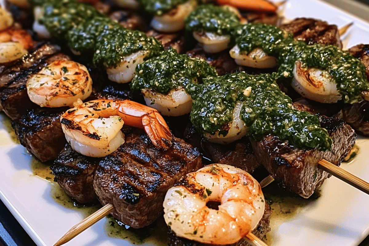 "Grilled surf and turf skewers with juicy steak and shrimp, topped with fresh chimichurri sauce. Perfect for BBQs or special dinners."