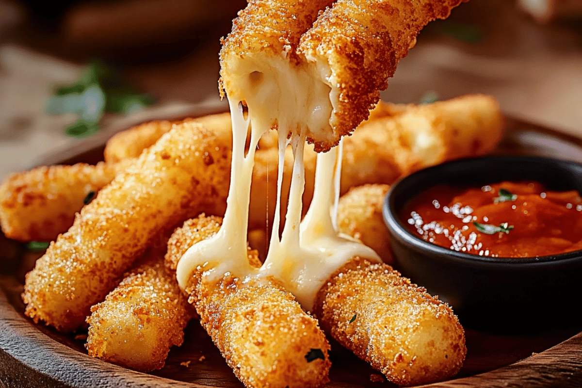 Golden Crispy Mozzarella Sticks with Gooey Cheese and Marinara Dipping Sauce