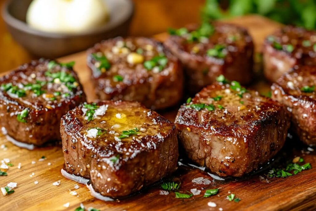 Juicy garlic butter steak bites cooked in the air fryer, served with a sprinkle of fresh parsley on a rustic wooden board.