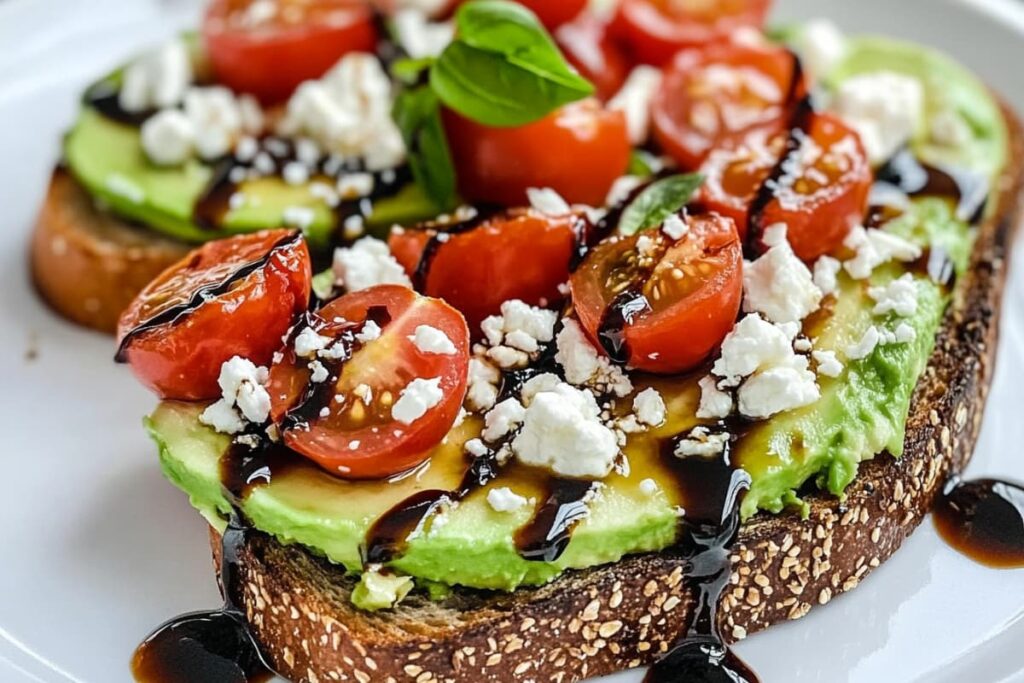 Avocado toast topped with cherry tomatoes, feta cheese, and balsamic glaze on a white plate