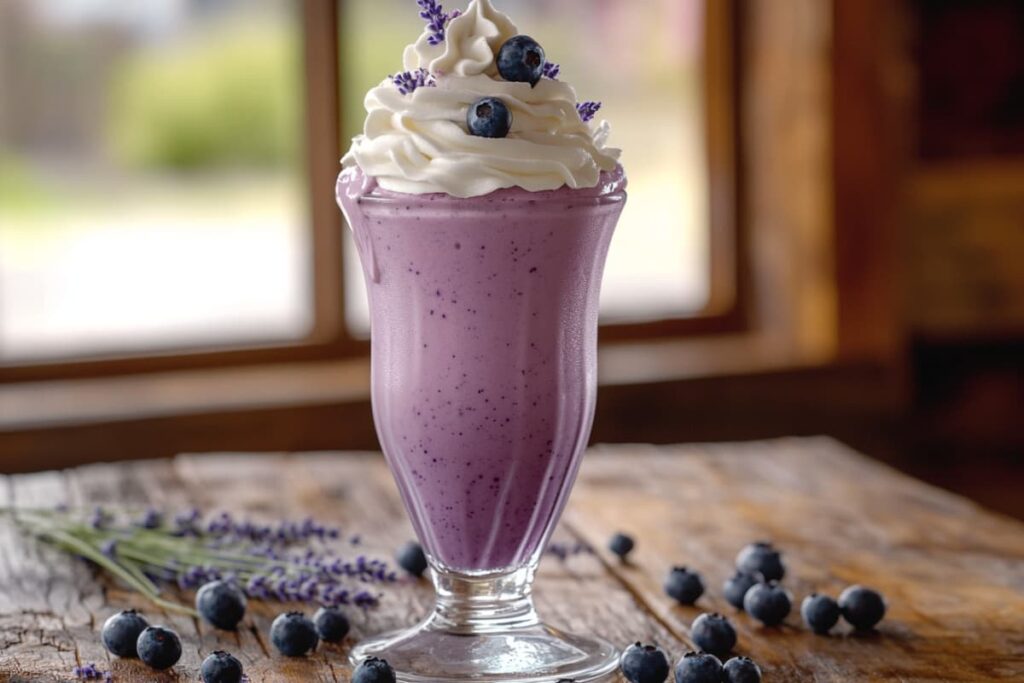 Lavender Blueberry Dream Shake served with whipped cream and fresh blueberries.