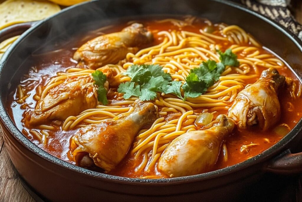 Fideo con Pollo, a Mexican chicken and noodle stew in a rich tomato broth with tender chicken drumsticks