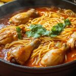 Fideo con Pollo, a Mexican chicken and noodle stew in a rich tomato broth with tender chicken drumsticks