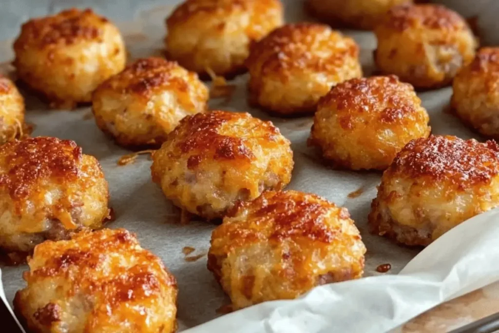 Plate of crispy hashbrown and sausage bites garnished with herbs, showcasing their golden-brown color