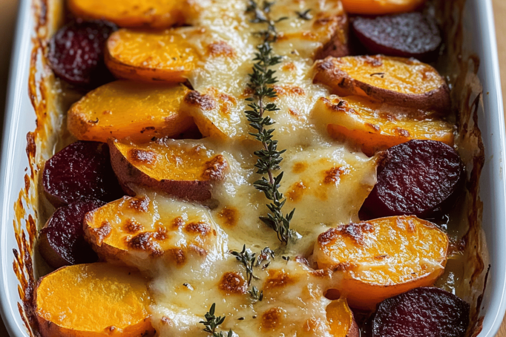 "Close-up of a baked root vegetable gratin with layers of sweet potatoes, parsnips, and beets topped with golden melted cheese and garnished with fresh thyme sprigs."