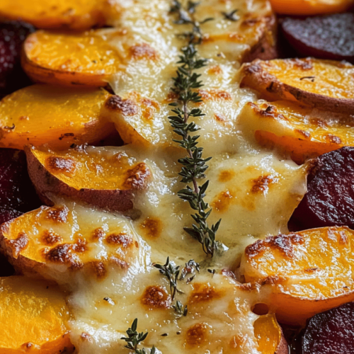 "Close-up of a baked root vegetable gratin with layers of sweet potatoes, parsnips, and beets topped with golden melted cheese and garnished with fresh thyme sprigs."