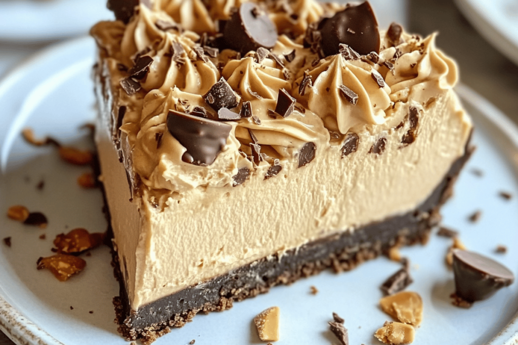 Rich and creamy no-bake peanut butter cheesecake with a chocolate graham cracker crust, topped with peanut butter cups, chocolate shavings, and crushed peanuts