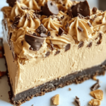 Rich and creamy no-bake peanut butter cheesecake with a chocolate graham cracker crust, topped with peanut butter cups, chocolate shavings, and crushed peanuts