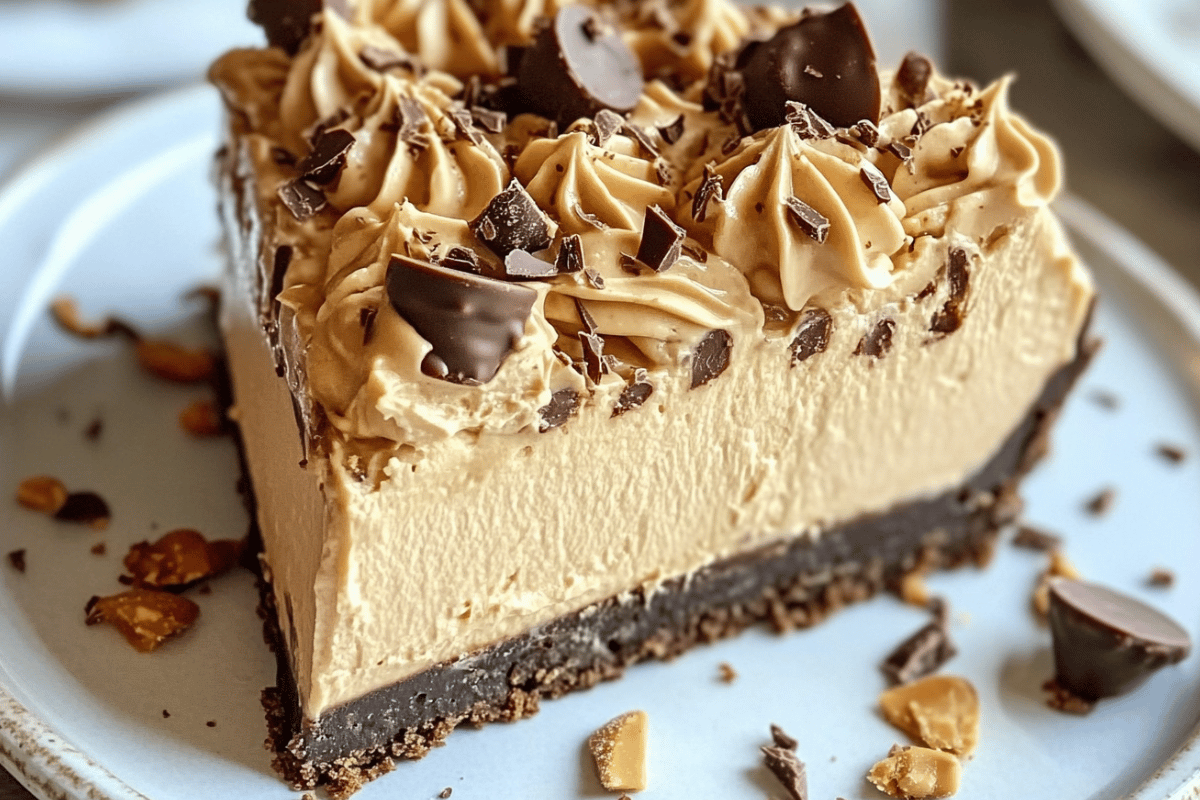 Rich and creamy no-bake peanut butter cheesecake with a chocolate graham cracker crust, topped with peanut butter cups, chocolate shavings, and crushed peanuts