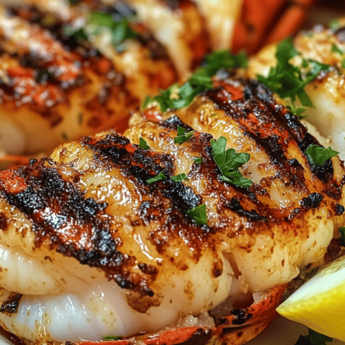 Grilled lobster tails with garlic herb butter, served with fresh lemon wedges and parsley on a grill.