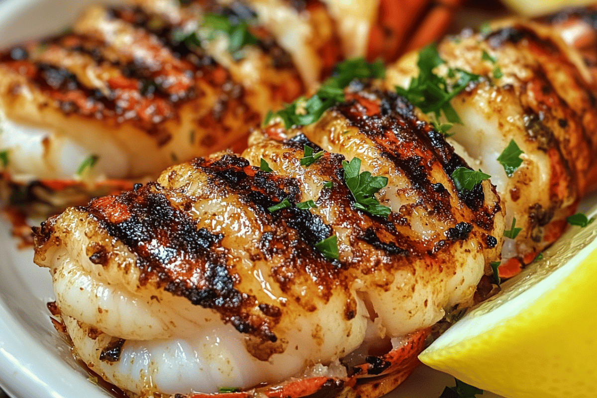 Grilled lobster tails with garlic herb butter, served with fresh lemon wedges and parsley on a grill.