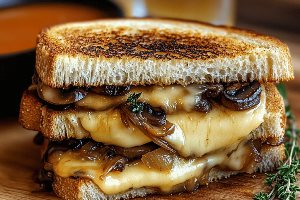 Gourmet grilled cheese sandwich with melted Gouda, roasted mushrooms, and caramelized onions on golden sourdough bread.