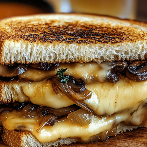 Gourmet grilled cheese sandwich with melted Gouda, roasted mushrooms, and caramelized onions on golden sourdough bread.