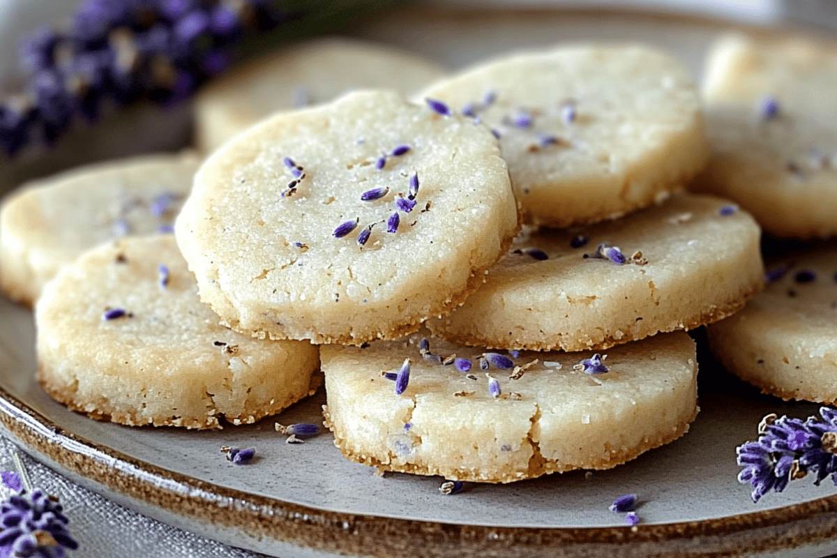 Delicate lavender-infused shortbread cookies topped with edible lavender, served on a ceramic plate.