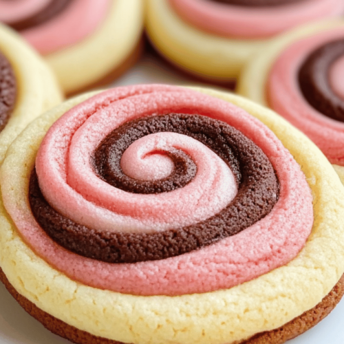 Neapolitan Swirl Cookies with chocolate, vanilla, and strawberry layers on a white plate.