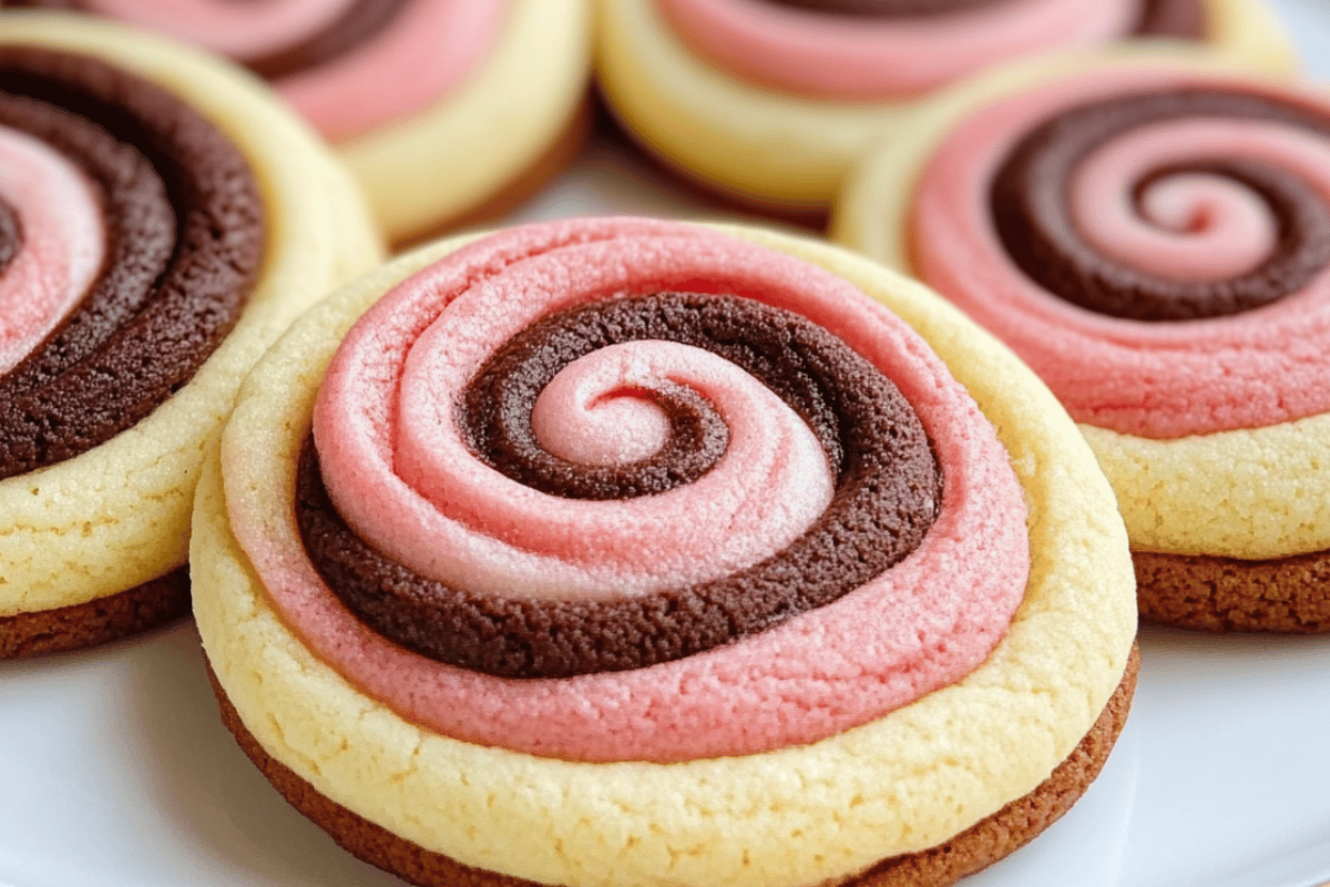 Neapolitan Swirl Cookies with chocolate, vanilla, and strawberry layers on a white plate.