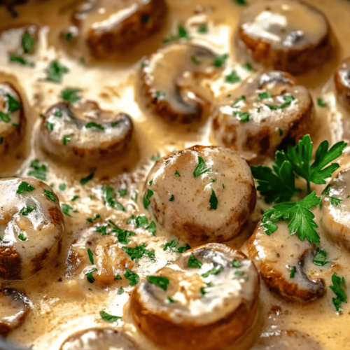 Golden-brown sautéed mushrooms in a creamy garlic parmesan sauce, garnished with fresh parsley