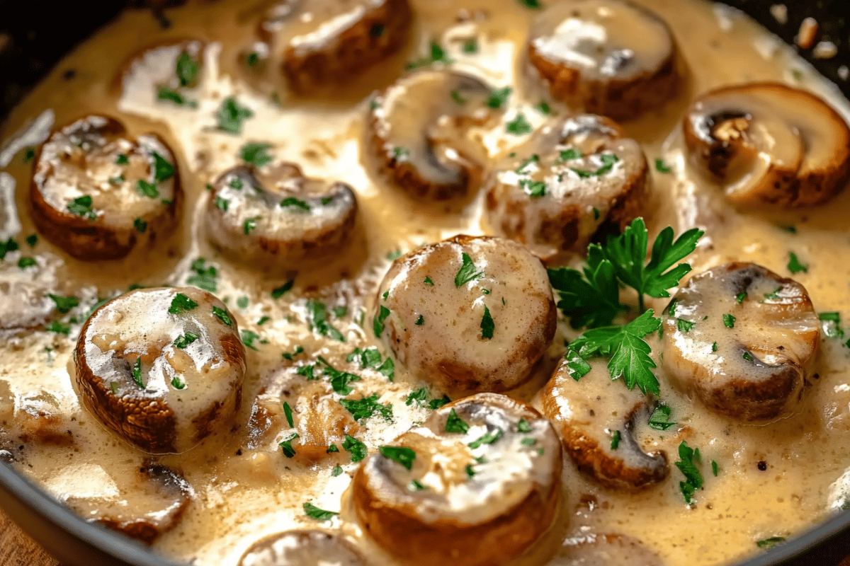 Golden-brown sautéed mushrooms in a creamy garlic parmesan sauce, garnished with fresh parsley