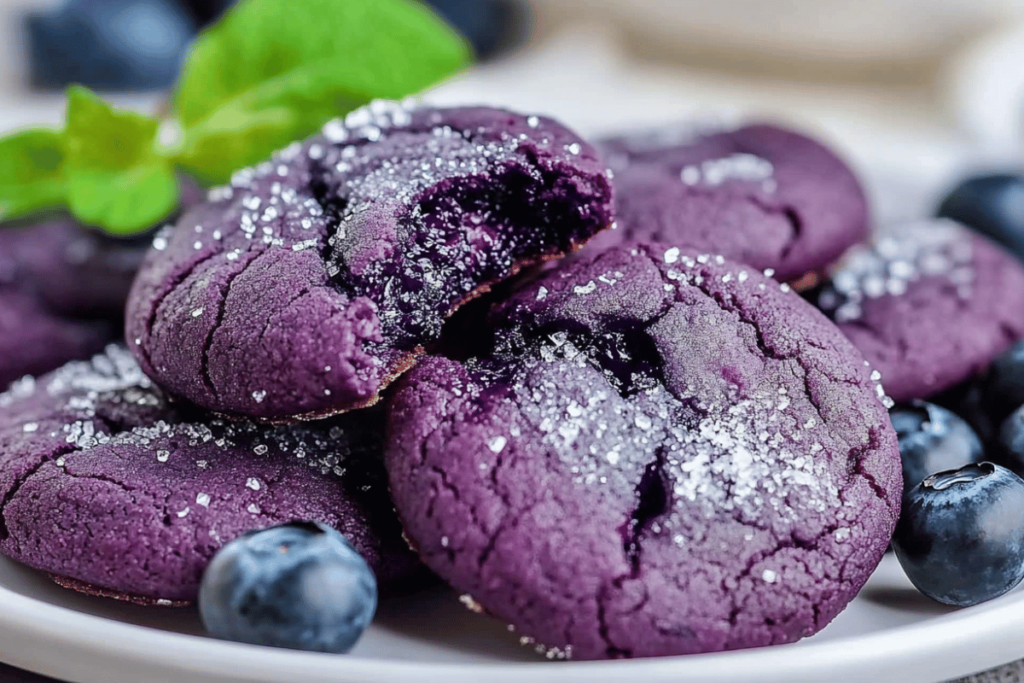 Vibrant blueberry cookies with a soft, chewy texture, sprinkled with sugar and served with fresh blueberries and a mint leaf garnish