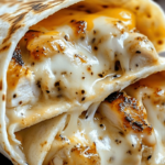 Cheesy garlic chicken wraps cut in half, filled with juicy grilled chicken and melted cheese, wrapped in golden tortillas with grill marks