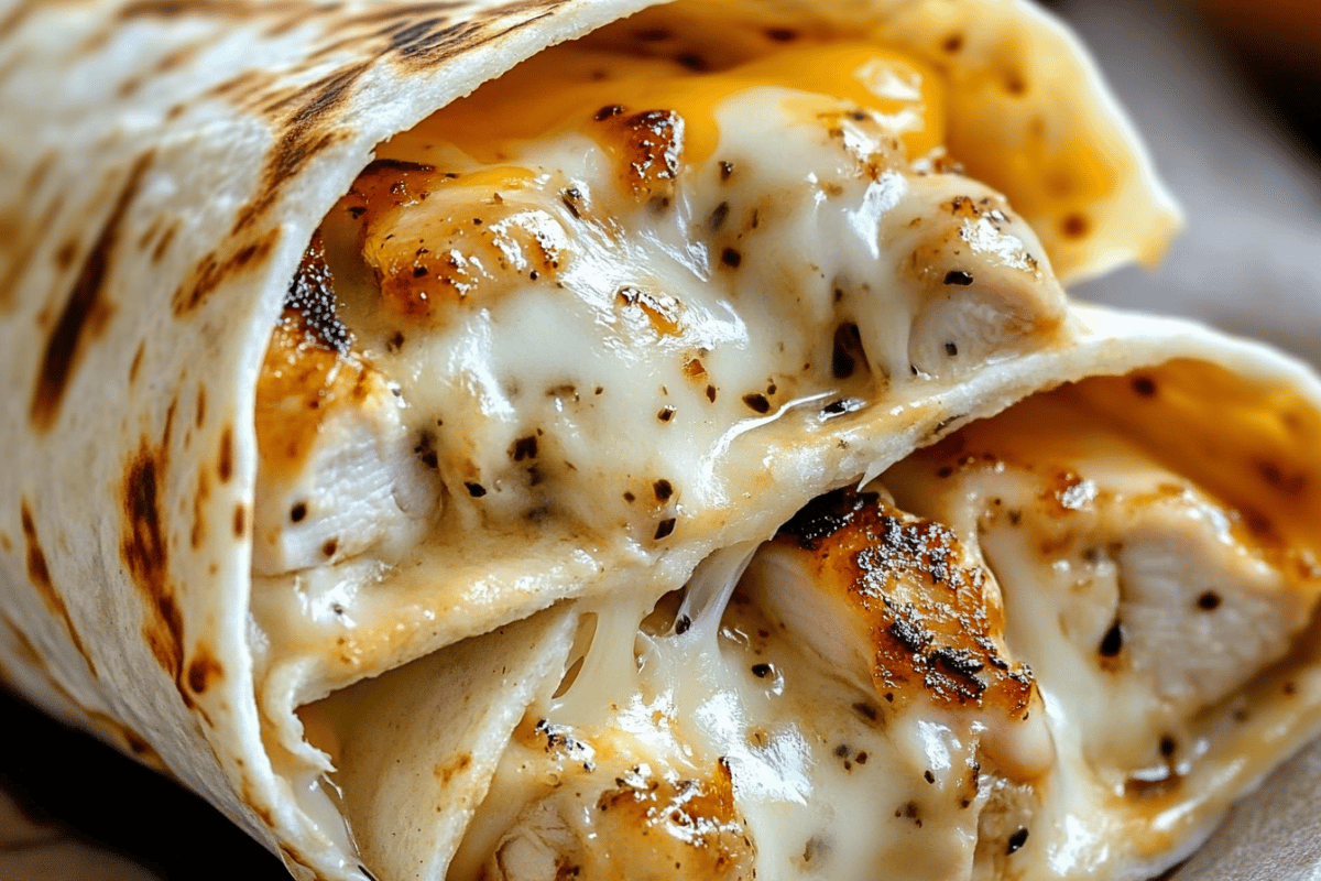 Cheesy garlic chicken wraps cut in half, filled with juicy grilled chicken and melted cheese, wrapped in golden tortillas with grill marks