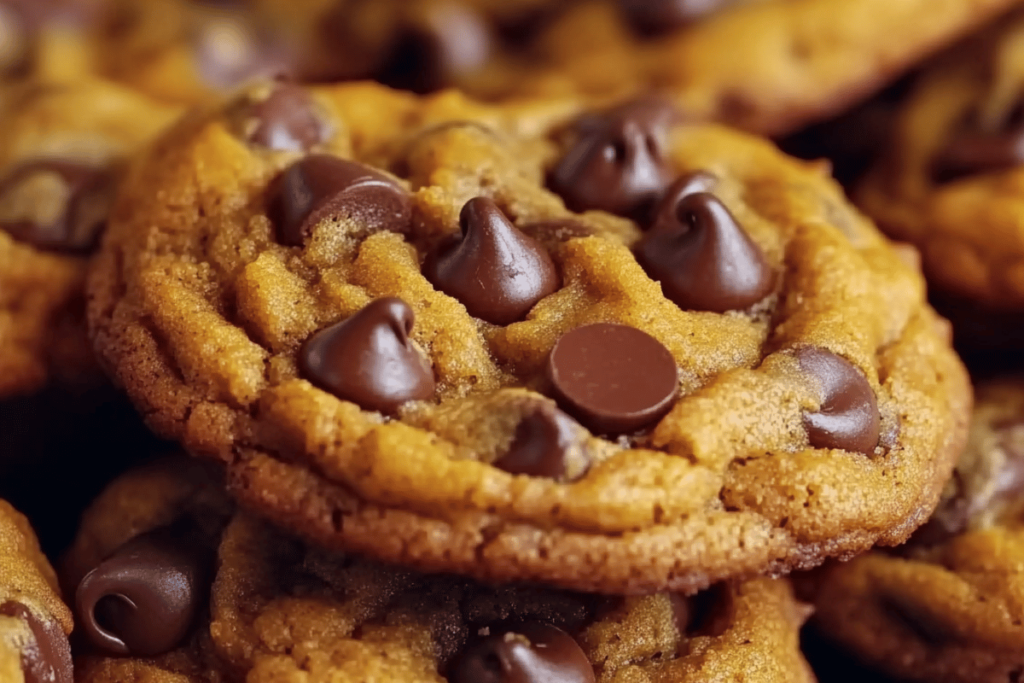 Soft and chewy pumpkin chocolate chip cookies with gooey chocolate chips and a golden-brown exterior.