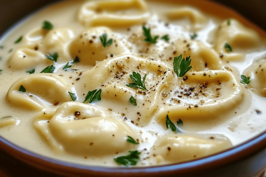 A bowl of creamy tortellini soup with tender tortellini, herbs, and a rich, smooth broth garnished with fresh parsley