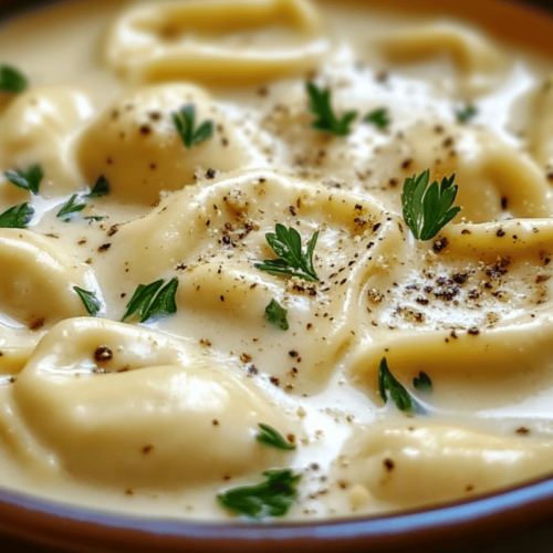 A bowl of creamy tortellini soup with tender tortellini, herbs, and a rich, smooth broth garnished with fresh parsley