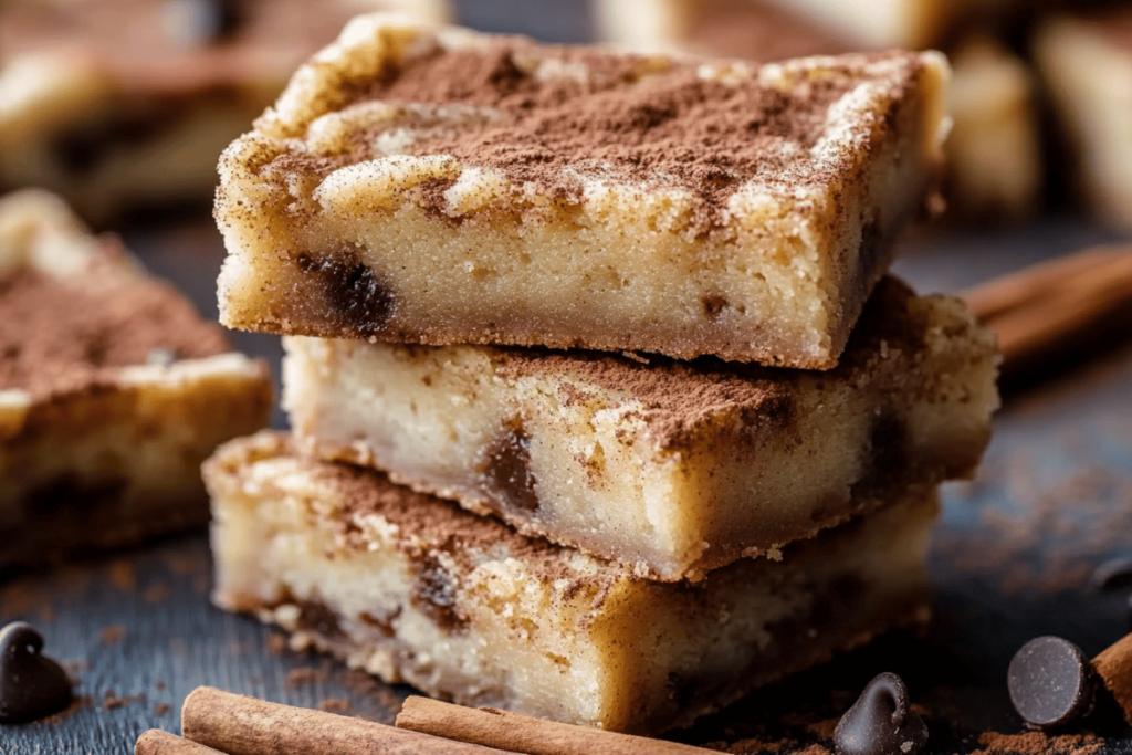 A stack of soft, chewy Snickerdoodle Blondies with a golden-brown crust and a gooey cinnamon center.