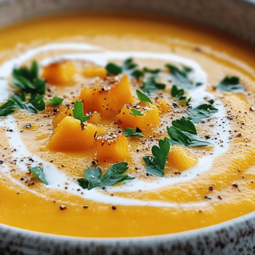 Creamy butternut squash soup in a bowl, garnished with a swirl of coconut milk and fresh parsley.