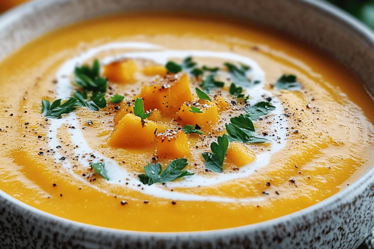 Creamy butternut squash soup in a bowl, garnished with a swirl of coconut milk and fresh parsley.