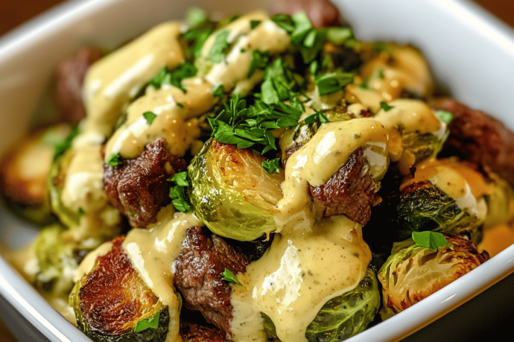 Crispy Brussels sprouts with beef and mustard sauce