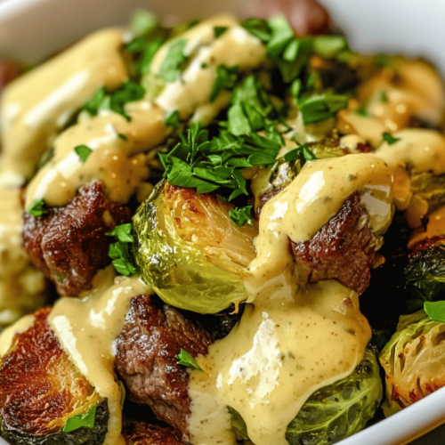 Crispy Brussels sprouts with beef and mustard sauce