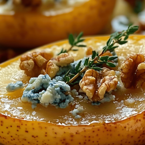 Baked pears topped with blue cheese, walnuts, and drizzled with honey, garnished with fresh thyme.