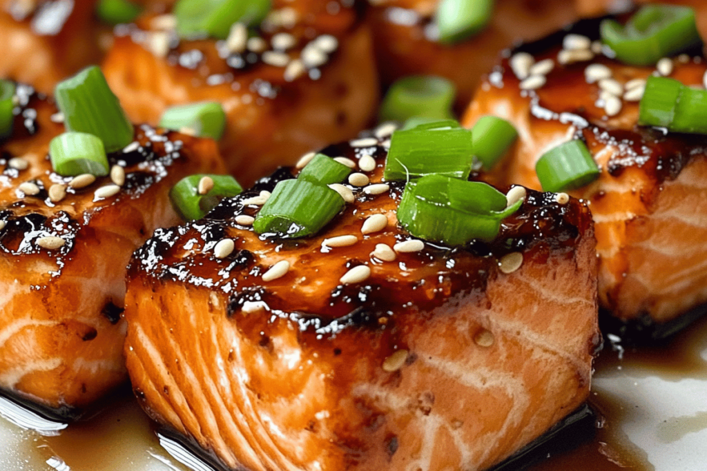 "Glazed salmon bites garnished with green onions and sesame seeds, served on a white plate."