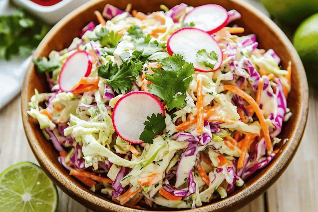 Zesty Mexican slaw with shredded cabbage, carrots, cilantro, and radishes, garnished with lime and chili powder