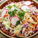 Zesty Mexican slaw with shredded cabbage, carrots, cilantro, and radishes, garnished with lime and chili powder