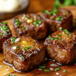 Juicy garlic butter steak bites cooked in the air fryer, served with a sprinkle of fresh parsley on a rustic wooden board.