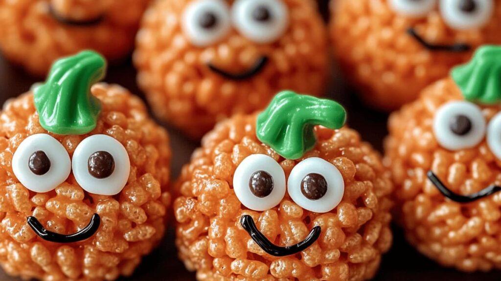 Adorable orange Rice Krispie Treat Pumpkins with chocolate chip eyes and green candy melt stems on a rustic wooden table, surrounded by autumn leaves